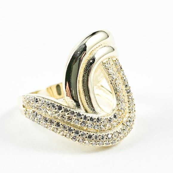 Elegant Swirl Style CZ Gold Tone Silver Ring - Picture 2 of 3